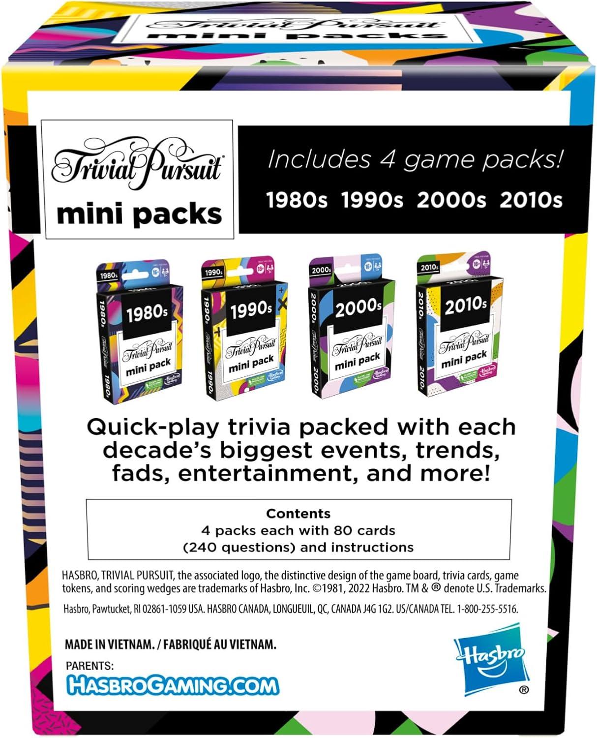 imageGAMES EXCL MONOPOLY Trivial Pursuit Mini Packs Multipack Fun Trivia Questions for Adults and Teens Ages 16 Includes 4 Game Featuring 4 Decades