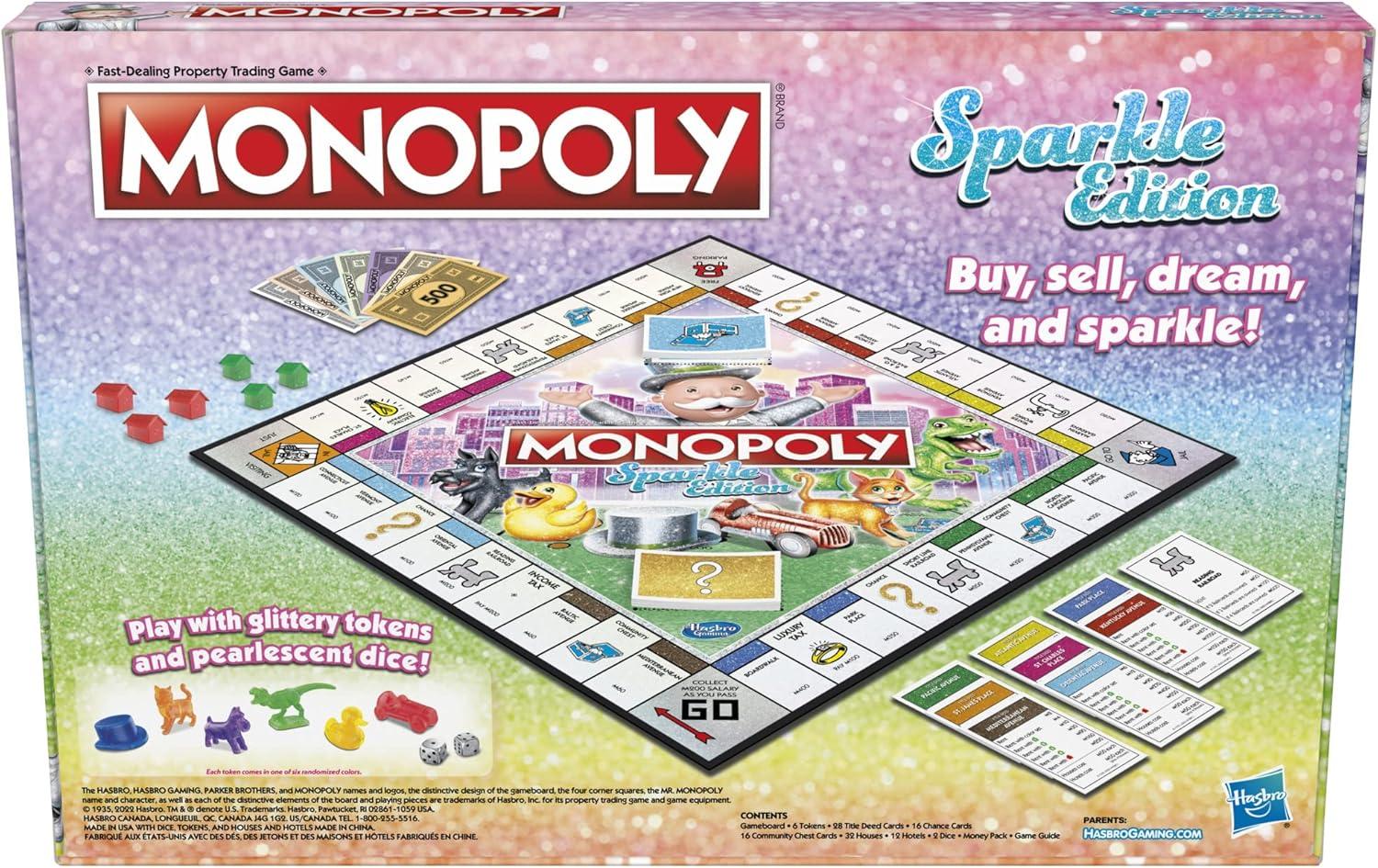 imageHasbro Gaming Monopoly Sparkle Edition Board Game Family Games with Glittery Tokens Pearlescent Dice Sparkly Look Amazon Exclusive