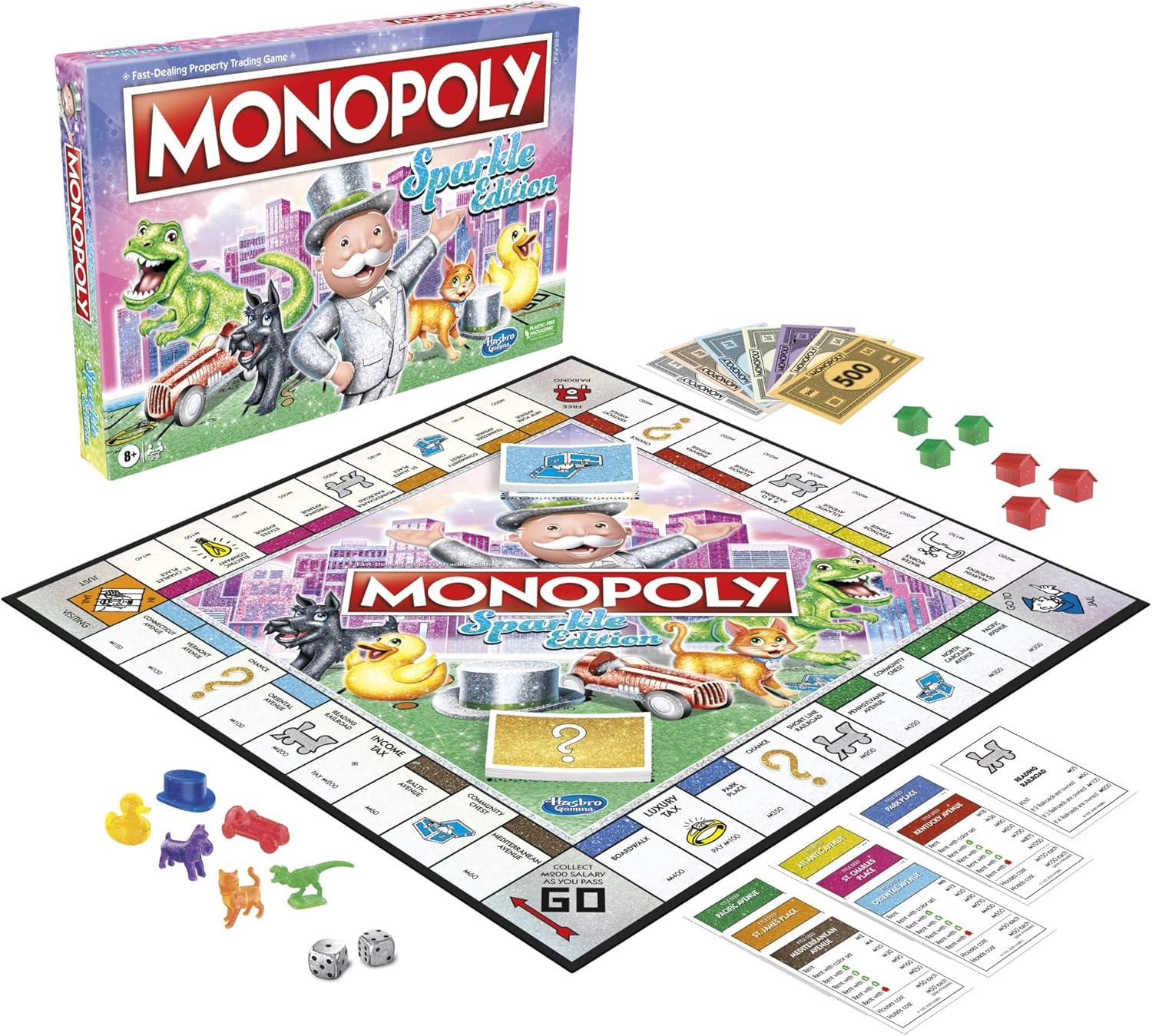 imageHasbro Gaming Monopoly Sparkle Edition Board Game Family Games with Glittery Tokens Pearlescent Dice Sparkly Look Amazon Exclusive