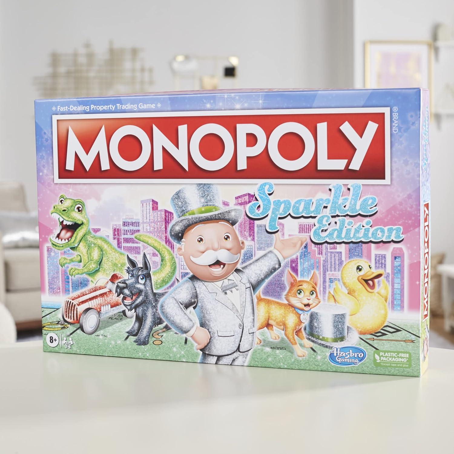imageHasbro Gaming Monopoly Sparkle Edition Board Game Family Games with Glittery Tokens Pearlescent Dice Sparkly Look Amazon Exclusive