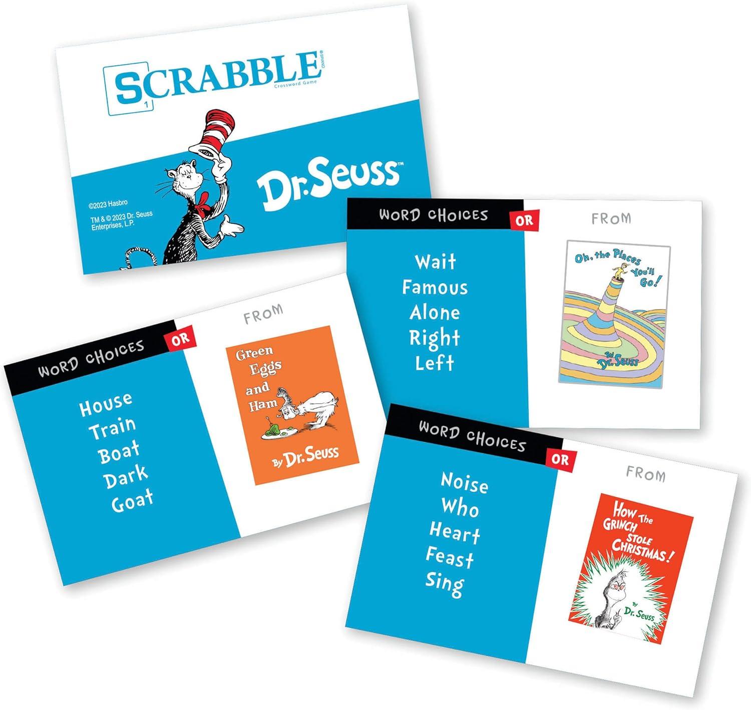 imageScrabble Dr Seuss Board Game Official Scrabble Game with a Rhyming Twist Custom Dr Seuss Cards and Themed Scrabble Board Bonus Points Play Traditional Rules Plus New Features