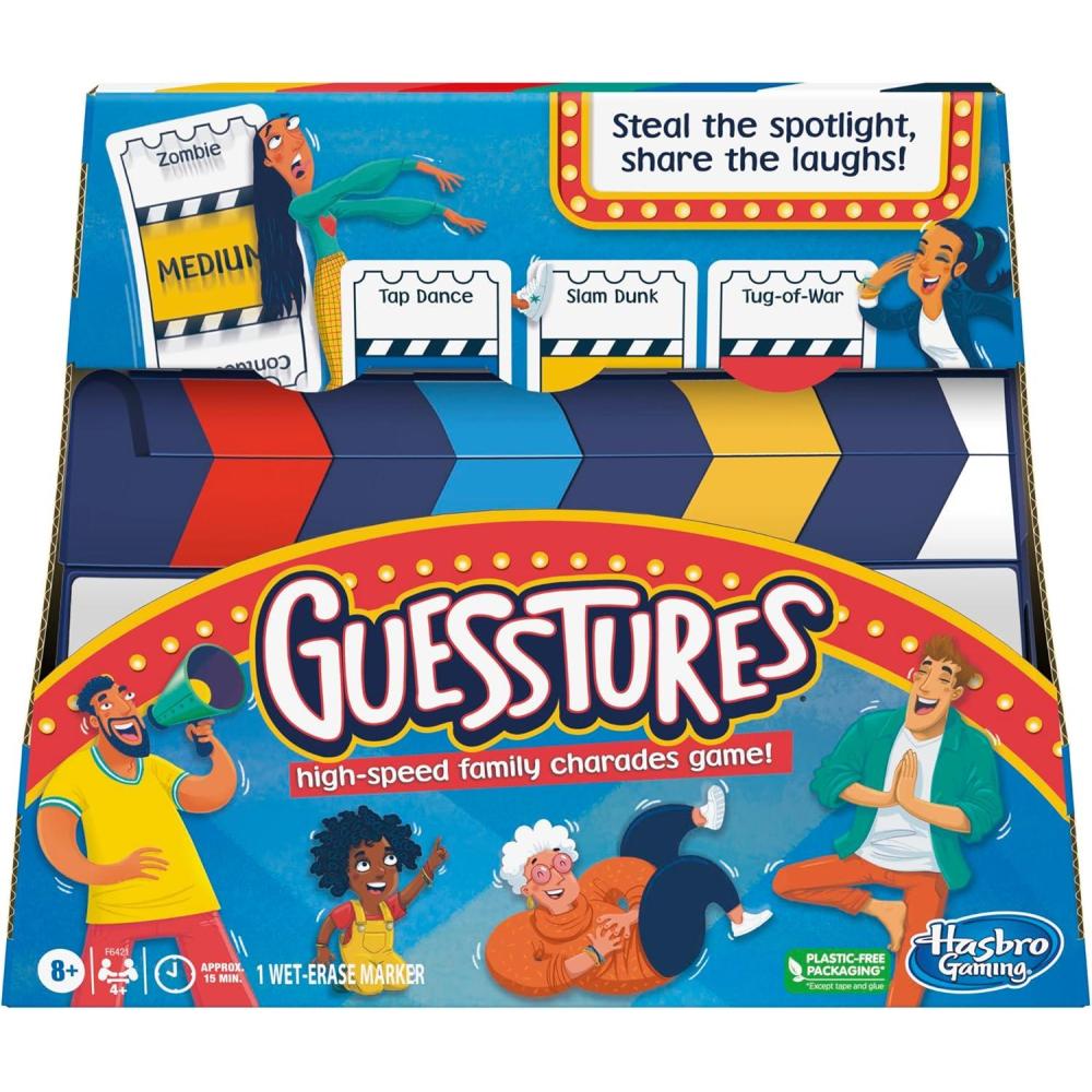 imageHasbro Gaming Guesstures Game Charades Games for 4 or More Players Includes Customizable Cards and Clapper Family Party Game for Ages 8 and Up