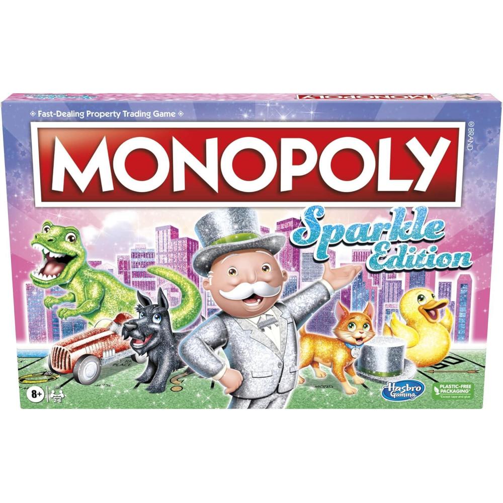 imageHasbro Gaming Monopoly Sparkle Edition Board Game Family Games with Glittery Tokens Pearlescent Dice Sparkly Look Amazon Exclusive