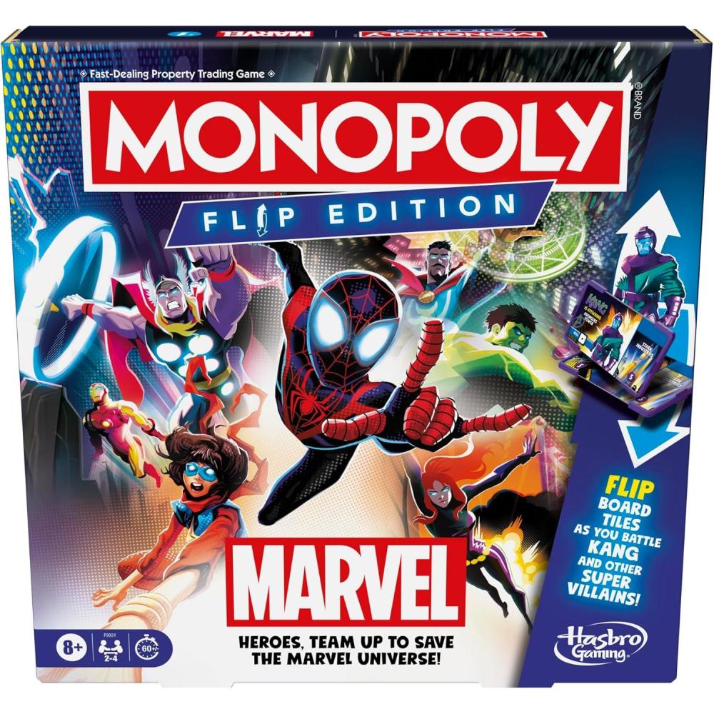 imageMonopoly Flip Edition Marvel Board Game Ages 8 and Up 2 to 4 Players Family Board Games for Kids Teens and Adults