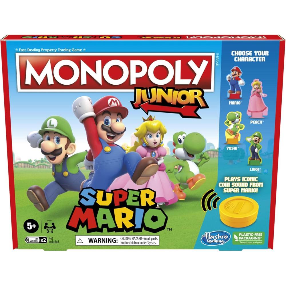 imageMonopoly Junior Super Mario Edition Board Game Fun Kids Ages 5 and Up Explore The Mushroom Kingdom as Mario Peach Yoshi or Luigi Amazon Exclusive