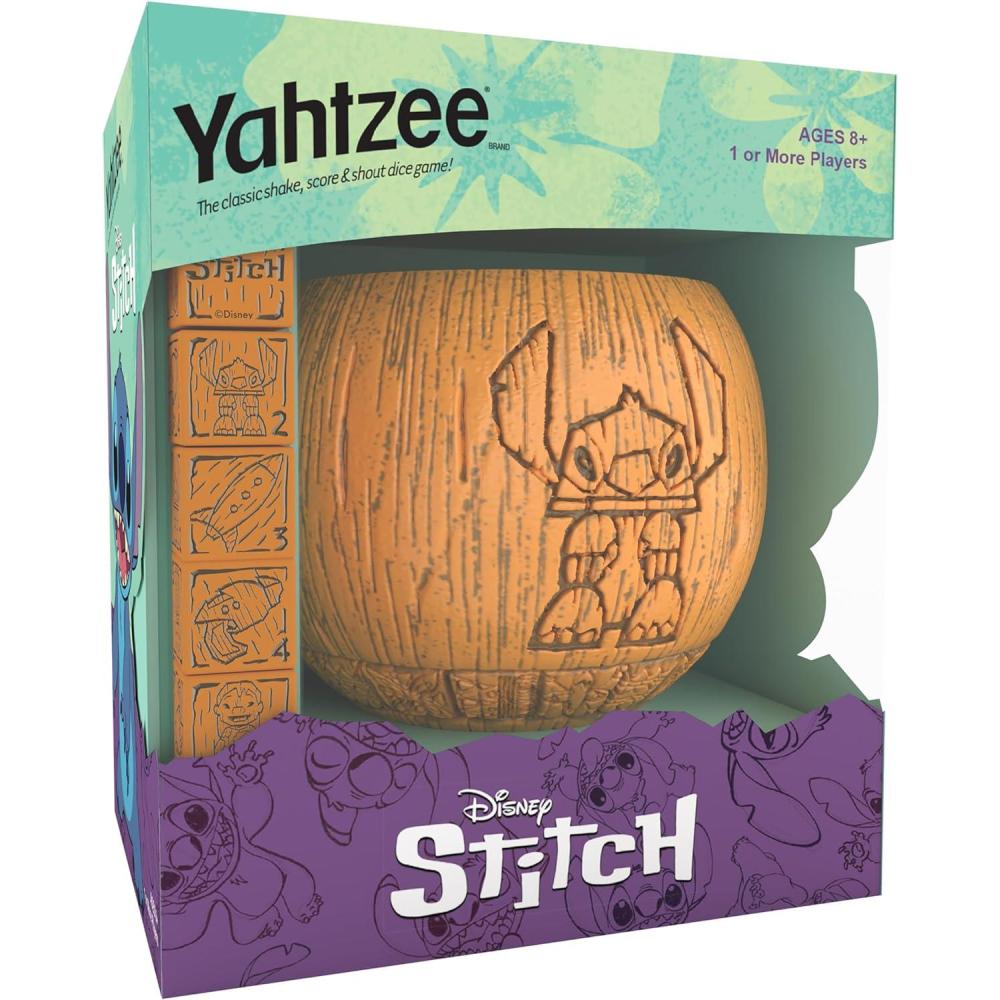 imageUSAOPOLY YAHTZEE Disney Stitch Collectible Tiki Style Dice Cup Classic Dice Game Based on Disneys Lilo ampamp Stitch Great for Family Night Officially Licensed Disney Game ampamp Merchandise