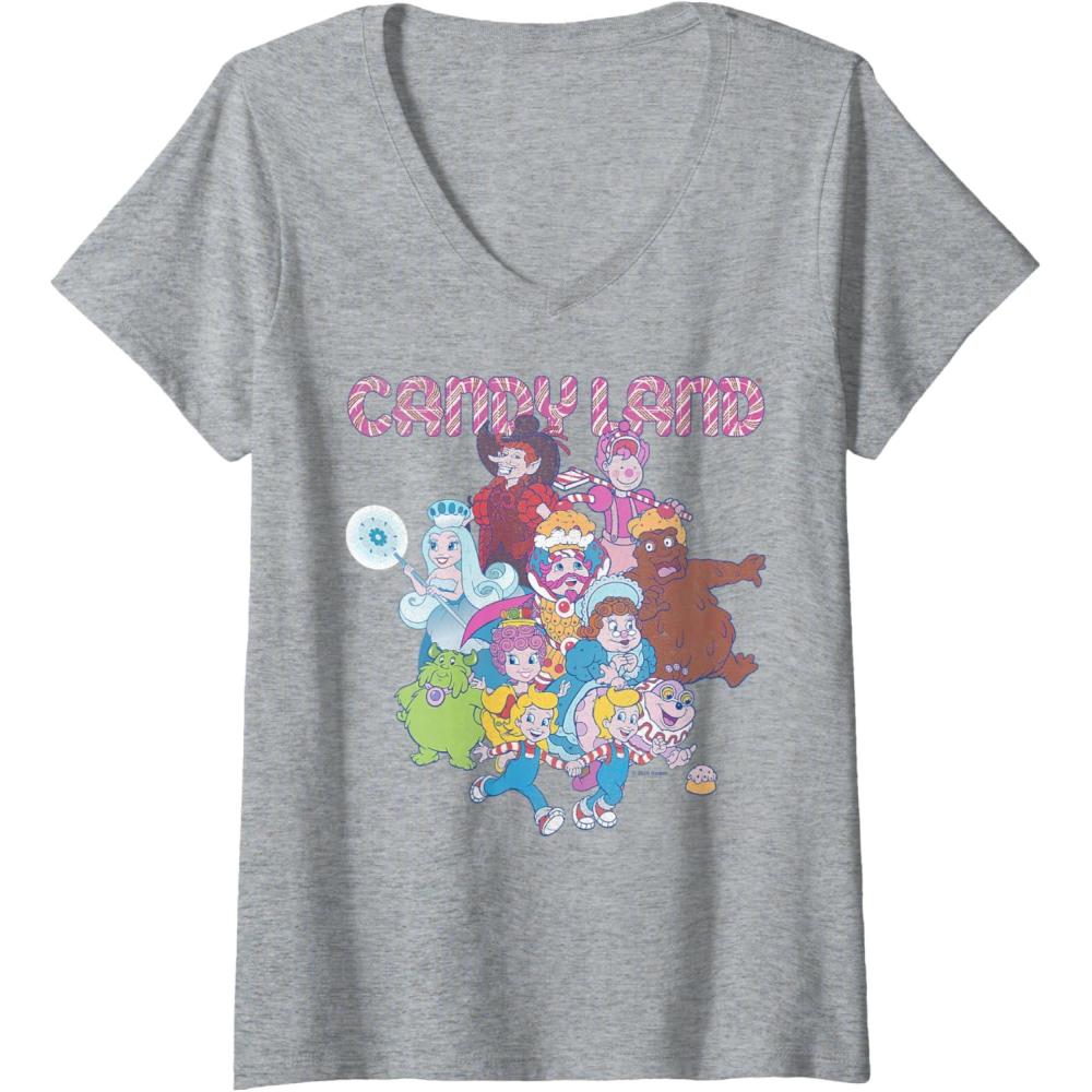 imageWomens Candy Land Retro Game Characters Group Shot Logo VNeck TShirtHeather Grey