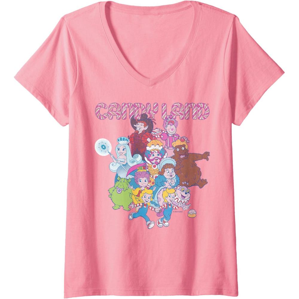 imageWomens Candy Land Retro Game Characters Group Shot Logo VNeck TShirtPink