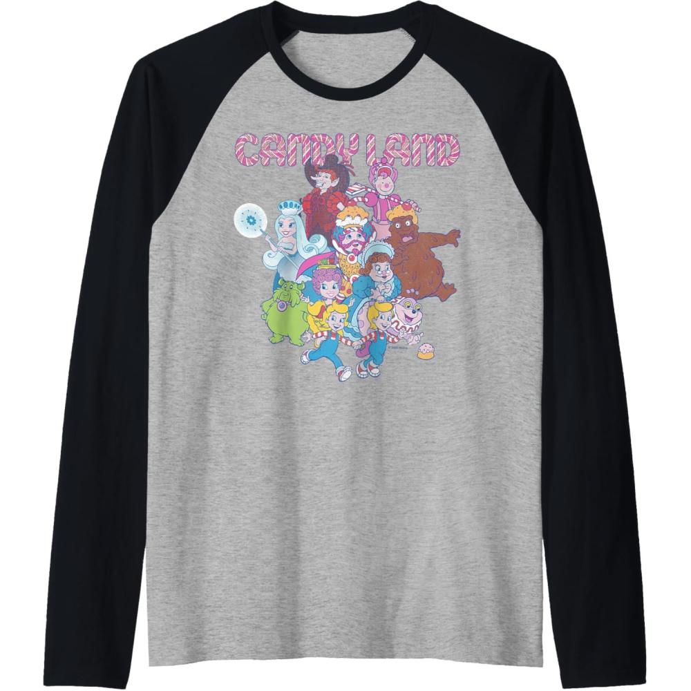 imageCandy Land Retro Game Characters Group Shot Logo Raglan Baseball TeeBlackAthletic Heather