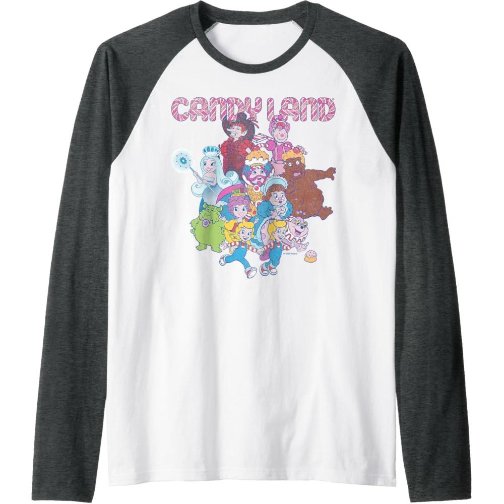 imageCandy Land Retro Game Characters Group Shot Logo Raglan Baseball TeeDark Heather GreyWhite