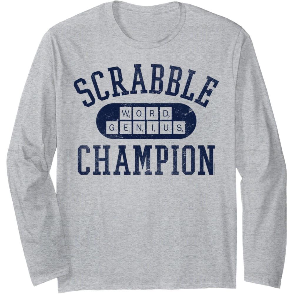 imageScrabble Word Genius Scrabble Champion Long Sleeve TShirtHeather Grey