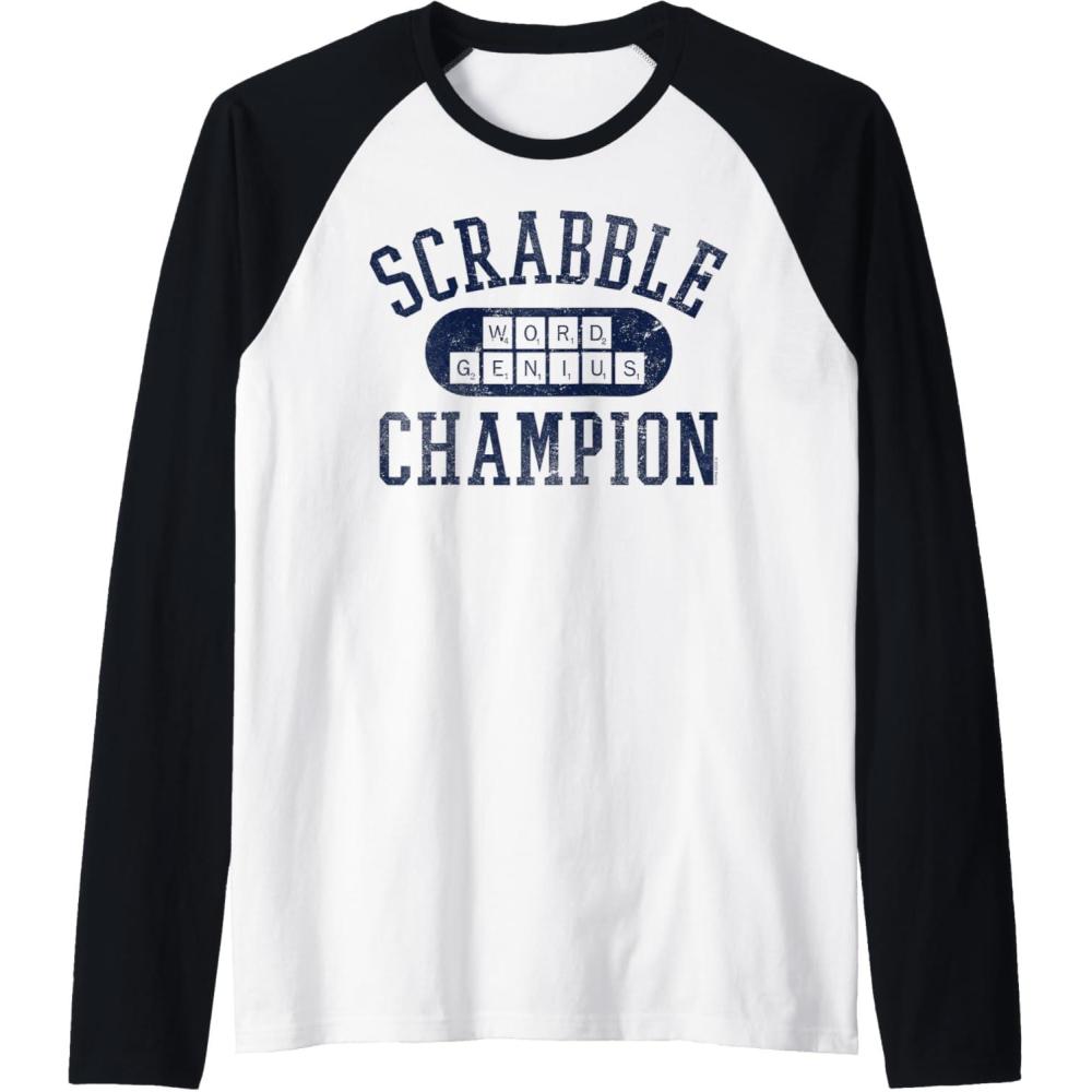 imageScrabble Word Genius Scrabble Champion Raglan Baseball TeeBlackWhite