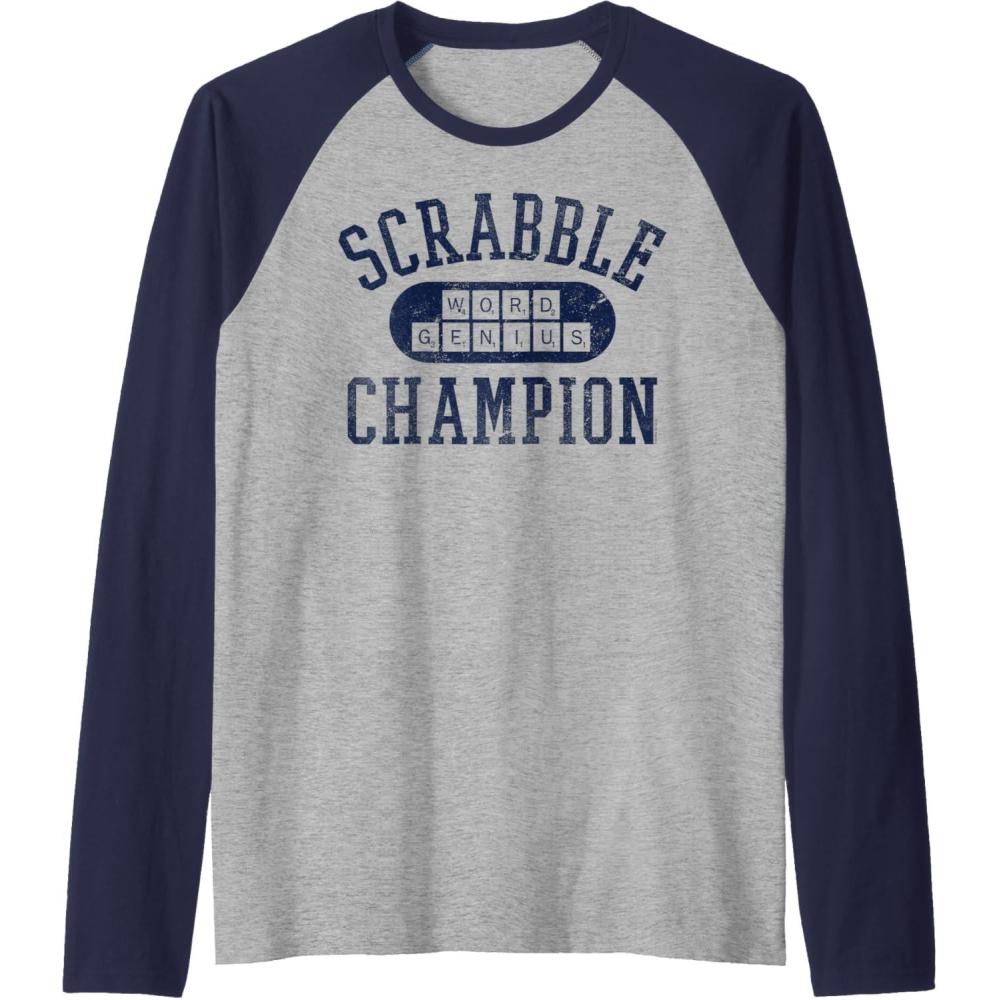 imageScrabble Word Genius Scrabble Champion Raglan Baseball TeeNavy BlueAthletic Heather