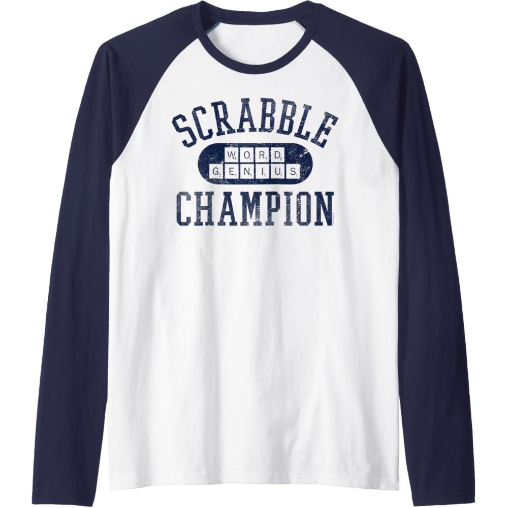 imageScrabble Word Genius Scrabble Champion Raglan Baseball TeeNavy BlueWhite