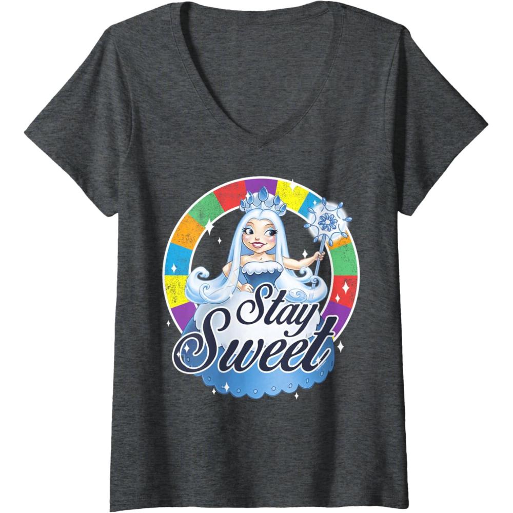 imageWomens Candy Land Stay Sweet Princess Frostine Game Wheel Logo VNeck TShirtDark Heather Grey
