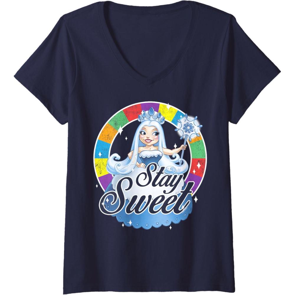 imageWomens Candy Land Stay Sweet Princess Frostine Game Wheel Logo VNeck TShirtNavy Blue