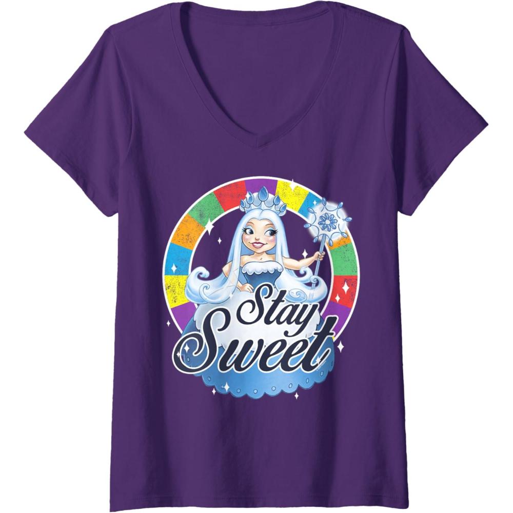 imageWomens Candy Land Stay Sweet Princess Frostine Game Wheel Logo VNeck TShirtPurple