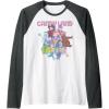 Candy Land Retro Game Characters Group Shot Logo Raglan Baseball Tee(Dark Heather Grey/White)