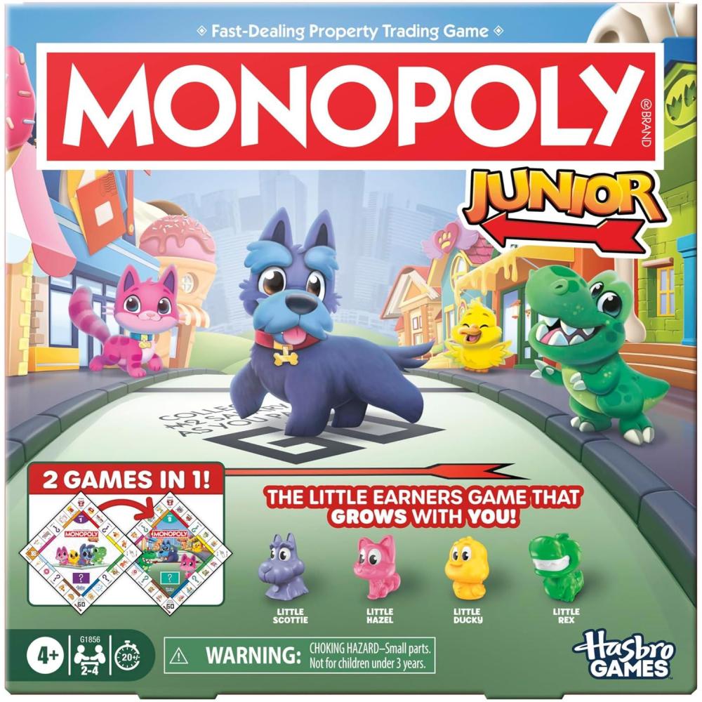 image:imageMonopoly Junior Board Game 2026 Edition  2 Games in 1 for Younger Kids 2Sided Board  Ages 4  24 Players  20 Mins  Gifts for Preschoolers